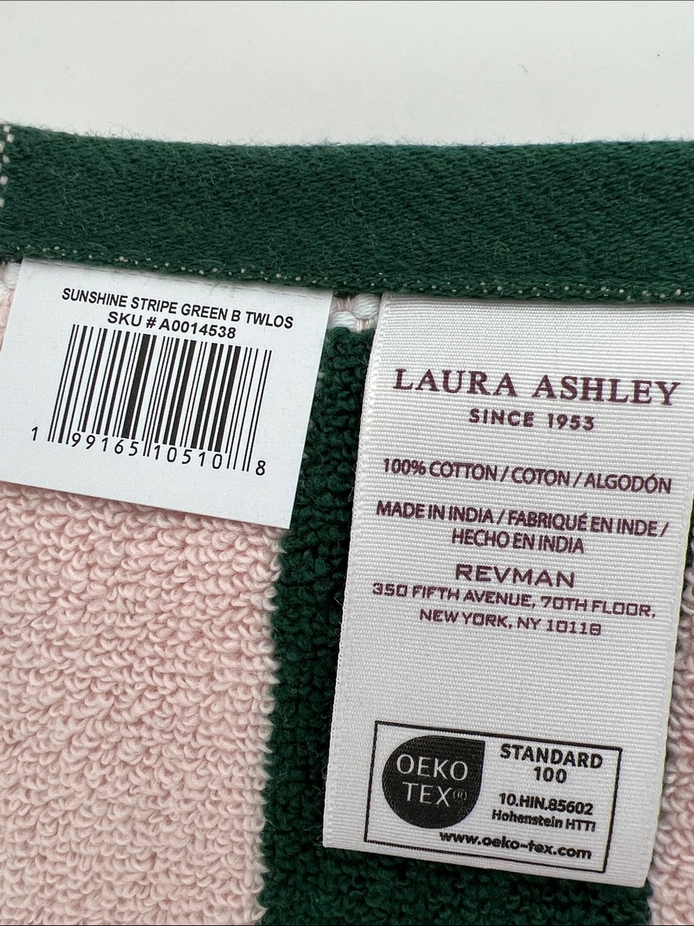Laura Ashley Bath Towels Sunshine Stripe Pink Dark Green Soft Cotton 2 Pc NEW - Picture 7 of 8